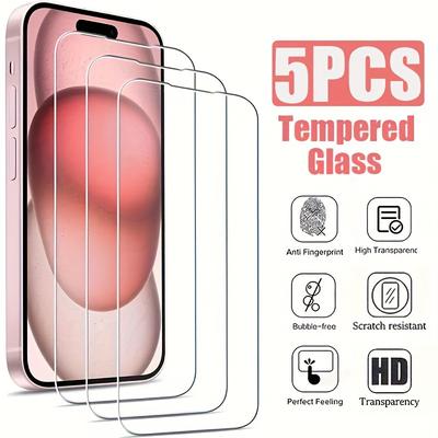 TEMU 5pcs For Iphone 16 15 14 11 Pro Max Tempered Glass Screen Protector With Full Coverage Anti Fingerprint High-definition Image