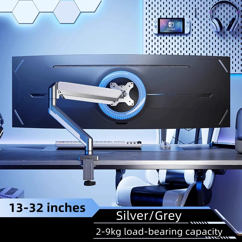 Verstellbare Einzelmonitorhalterung, neigungsdrehbarer, schwenkbarer Gasmonitorarm, mit Klemme und Tülle, passend für 13- bis 32-Zoll-Computermonitore Image