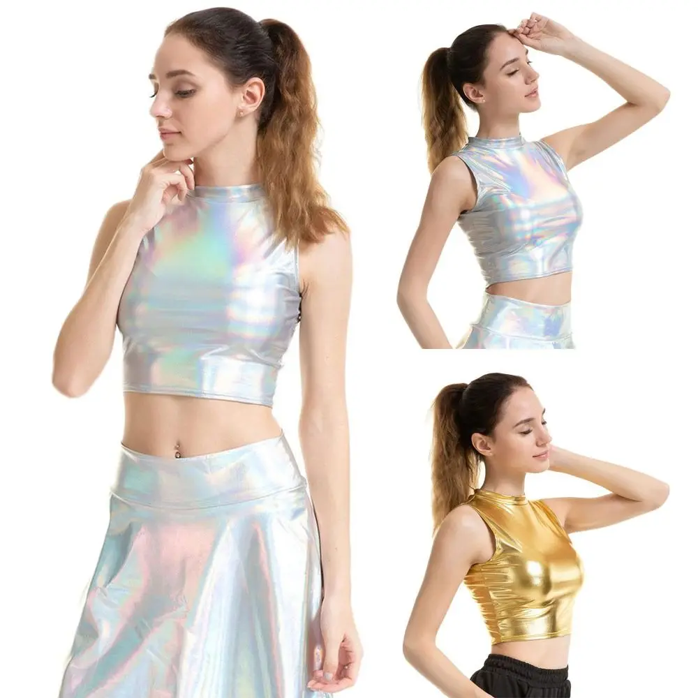 Schillernde Kunstleder Tank Bra lette Tops Dame kurze Crop Tops ärmellose sexy Frauen zeigen Kostüme Tanz kleidung für Nachtclub Image