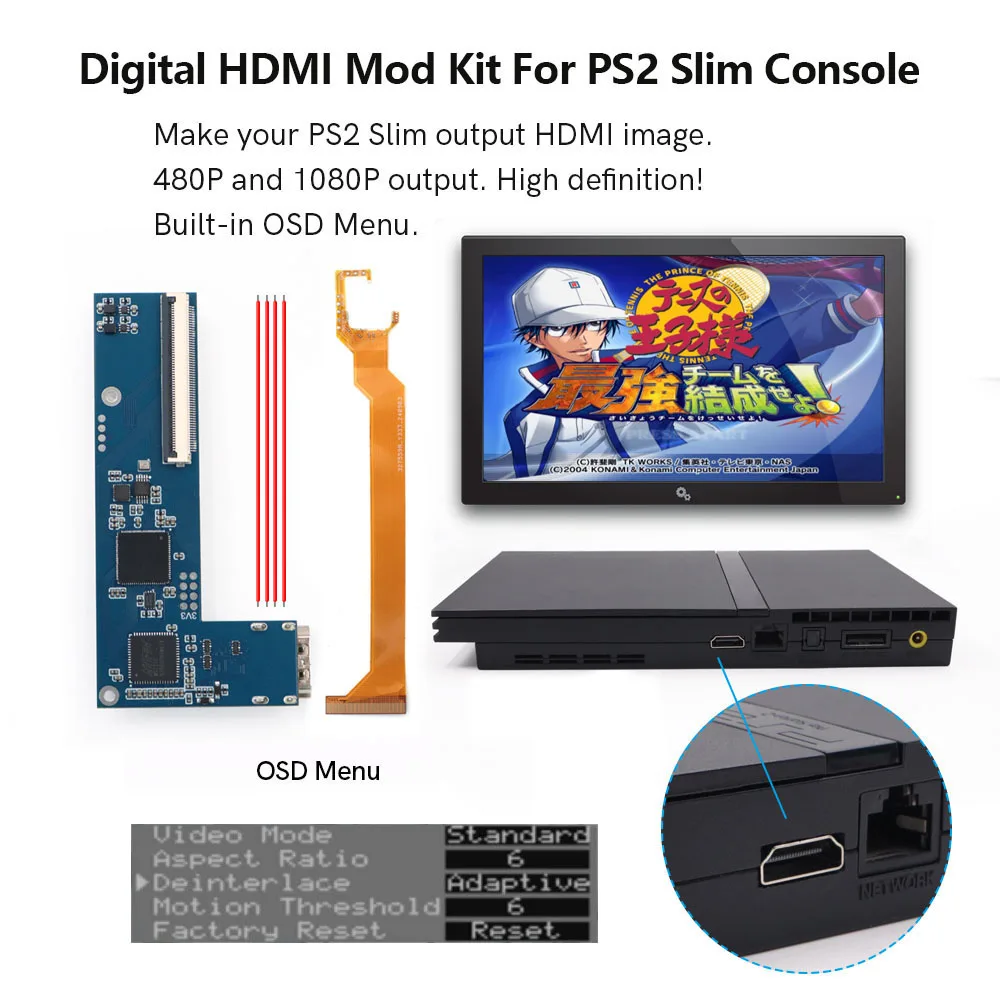 Hispeedido Für PS2 Slim Digital HDMI Mod Kit Digital zu Digital 480P 1080P HDMI Ausgang Kit Für PS2 Slim Konsole