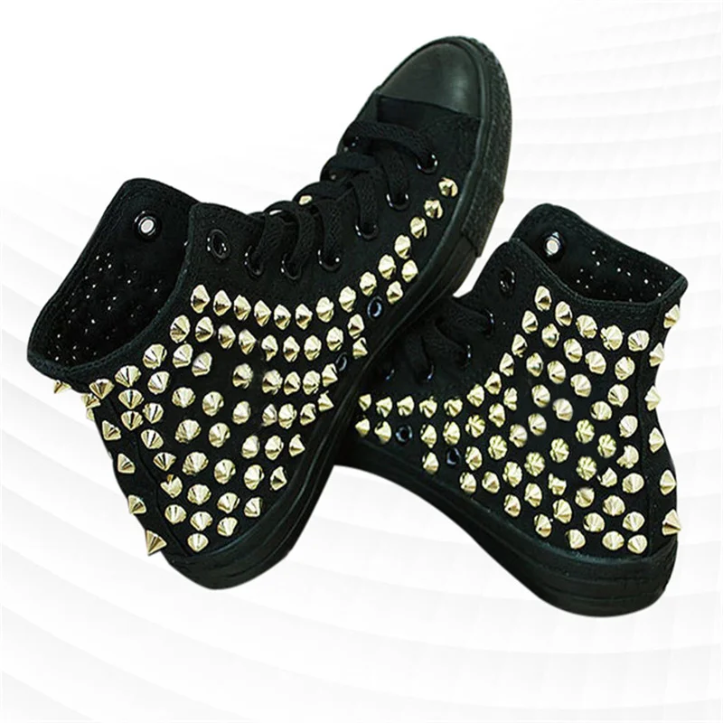 Handgefertigte originale schwarze High-Top-Leinwandschuhe mit Nieten, Hip-Hop-Punk-Show-Schuhe für Männer und Frauen in Übergröße, Freizeitschuhe 35–46
