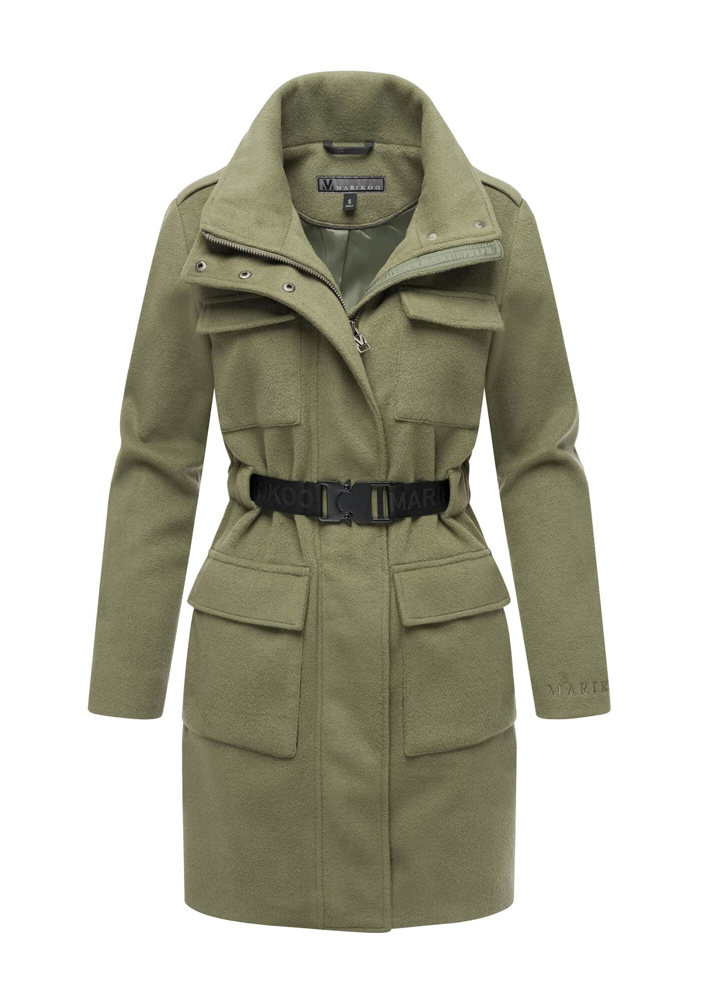 Kurzmantel MARIKOO "Tanokoo", Damen, Gr. S, grün (olive leaf), 90% Polyester 10% Viskose, Mäntel, Eleganter Übergangsmantel mit großen Taschen und Stretch-Gürtel Image