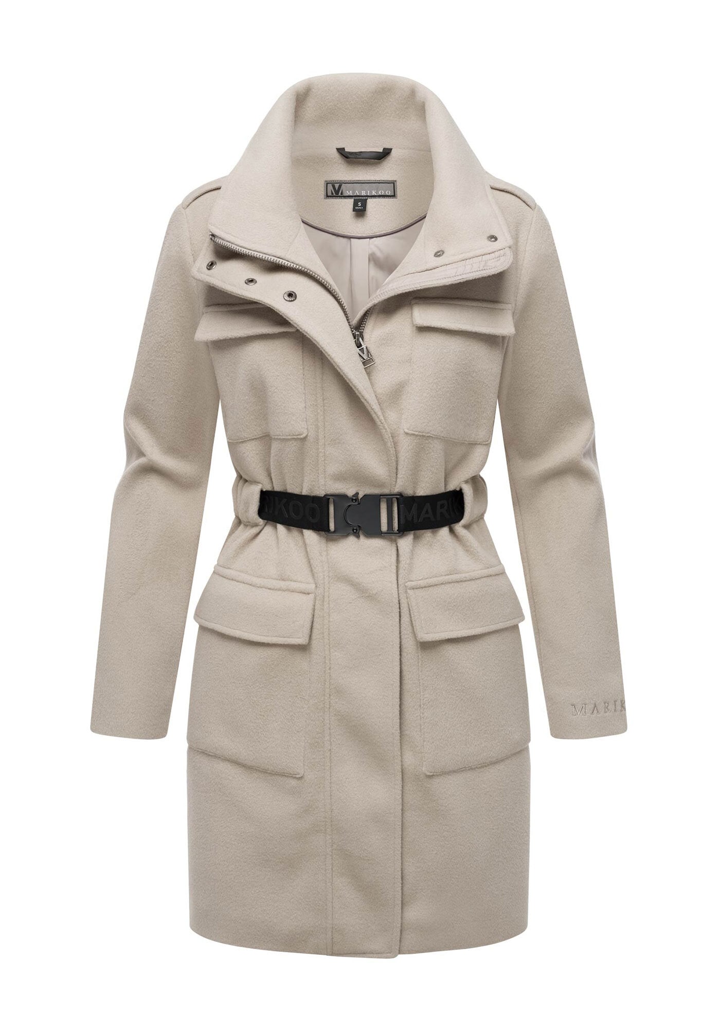 Kurzmantel MARIKOO "Tanokoo", Damen, Gr. L, weiß (bone), 90% Polyester, 10% Viskose, Mäntel Kurzmantel, Eleganter Übergangsmantel mit großen Taschen und Stretch-Gürtel