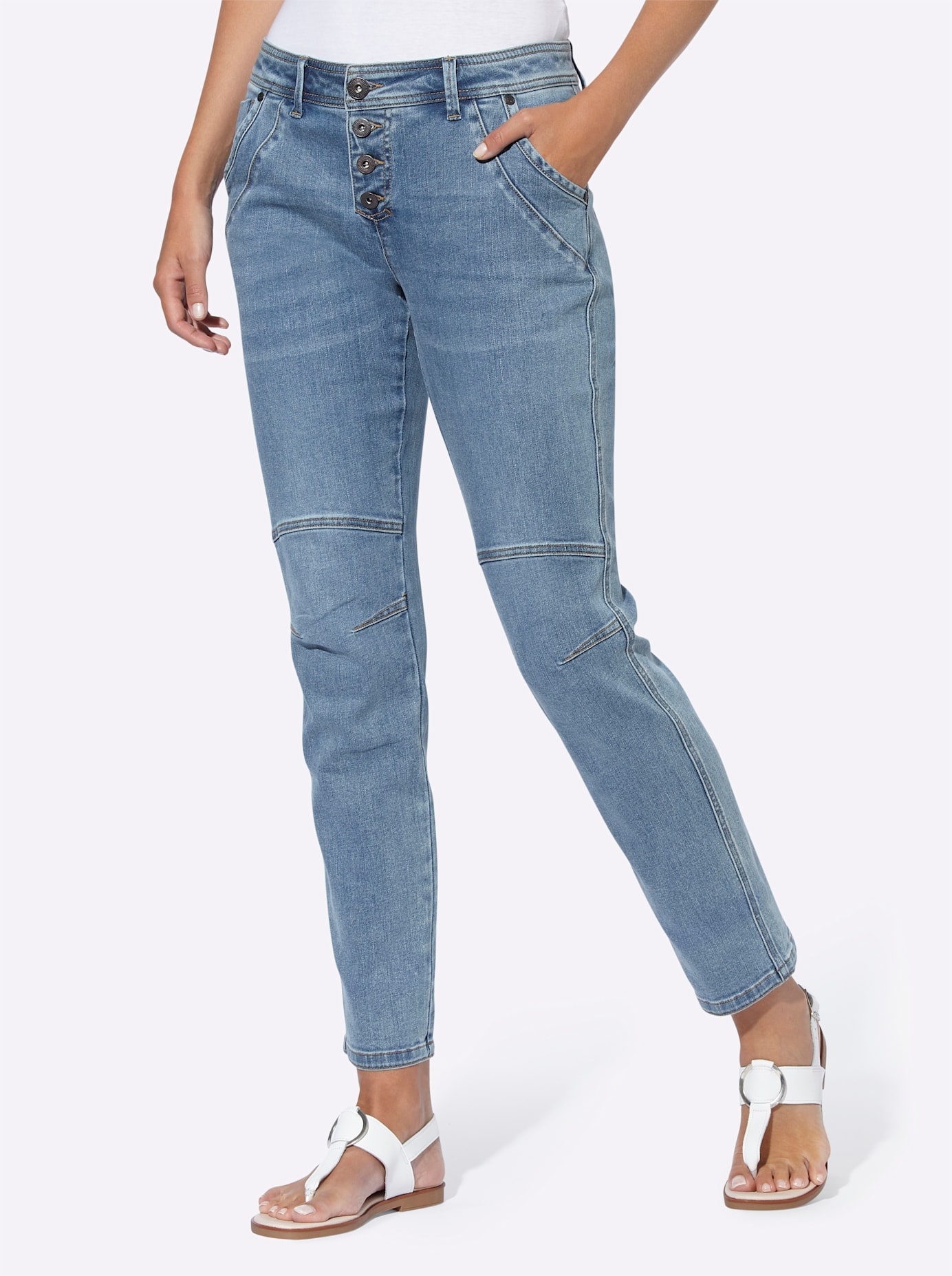 Boyfriend-Jeans HEINE, Damen, Gr. 48, Normalgrößen, blau (blau, bleached), 95% Baumwolle, 3% Polyester, 2% Elasthan, unifarben, lang, Jeans