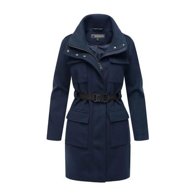 Kurzmantel MARIKOO "Tanokoo", Damen, Gr. XL, blau (navy), 90% Polyester 10% Viskose, Mäntel, Eleganter Übergangsmantel mit großen Taschen und Stretch-Gürtel Image