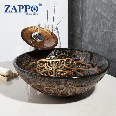 ZAPPO Bathroom Vessel Sink Round Basin With Mixer Faucet Pop Up Drain Combo Gold Tempered Glass