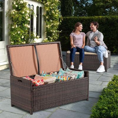 Outdoor Wicker Storage Bench Deck Box, Patio Furniture Pool Container Storage Bin with Seat and Comfortable Cushion