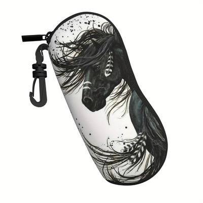 TEMU Horse Print Soft Neoprene Glasses Case - Ultra Light, With Zipper Closure And Black Drawstring For ,