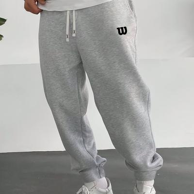 TEMU Men's Plus Size Fleece-lined Joggers With Letter - Comfortable, Stretchy Athletic Sweatpants For Fall/winter, Plus Size