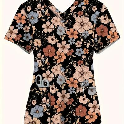 TEMU 1pc Floral Print V-neck Scrub Top, Casual Polyester Nurse Uniform Short Sleeve With Pockets, Knit Fabric For Spring/summer/fall