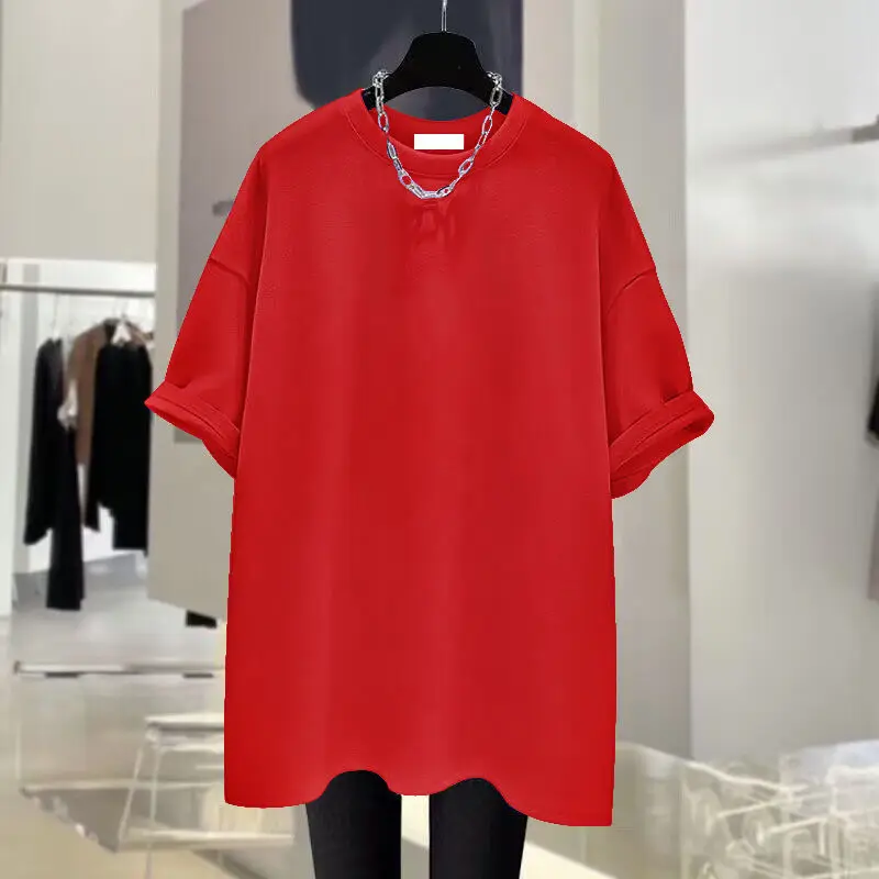 Women Clothing Fashion Solid Cotton Basic T-shirts Summer Casual Loose O-neck Short Sleeve Tees Versatile Oversized Top 45-105Kg