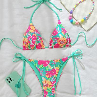 TEMU Women' Sexy Floral Print Bikini Set, High Stretch Polyester 85% Elastane 15%, Knotted Detail, Knit Fabric, Quick-dry Swimwear Image