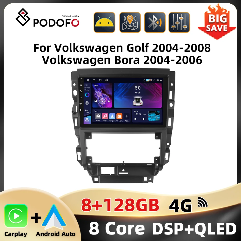 Podofo 9'' Android Car Radio For Volkswagen Golf 2004-2008/Bora 2004-2006 Carplay Android Auto 4G WIFI BT AI Voice Car Stereo Image