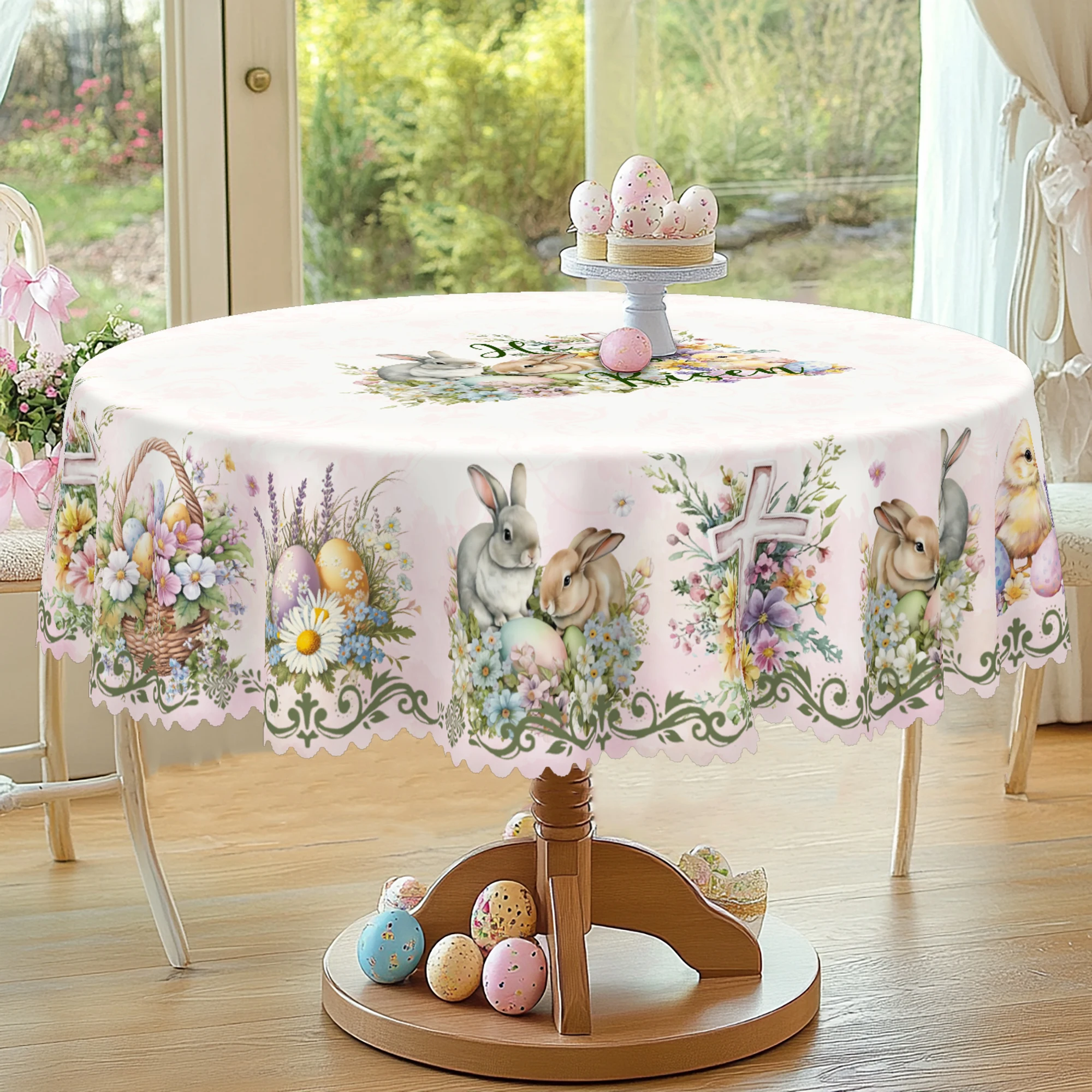 1 runde Oster-Tischdecke, 5 Größen erhältlich, Ostern, Ostern, Küken, quadratische Tischdecke mit Blumendruck, Kantenprägung, Ostern, Frühlingsgarten-Tischdecke, Dekoration, Tischdecke für die Image