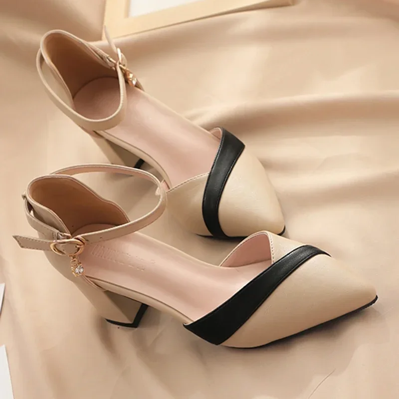 Mix Color Med Heels Pumps Women Pointed Toe Ankle Strap High Heels Shoes Woman Pu Leather Patchwork Office Shoes Female