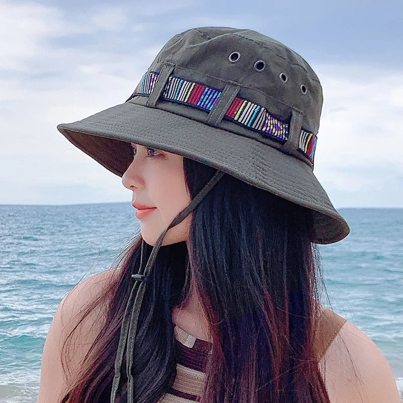 Golexury Western Cowboy Hut Weibliche Sommer Große Traufe Gestreiften Fischer Hut Sonnenblende Outdoor Meer Tourismus Boho Wandern Sonnenhut Image