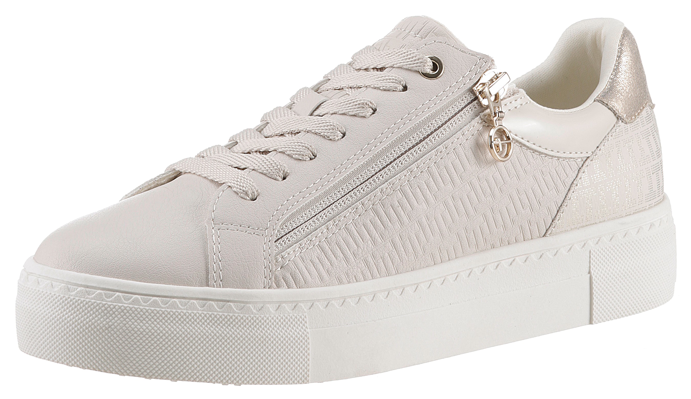 Plateausneaker TAMARIS, Damen, Gr. 36, beige (ecru, goldfarben), Lacklederimitat, Lederimitat, Schuhe Plateausneaker, Freizeitschuh, Halbschuh, Schnürer mit Besätzen und Glitzerdetails