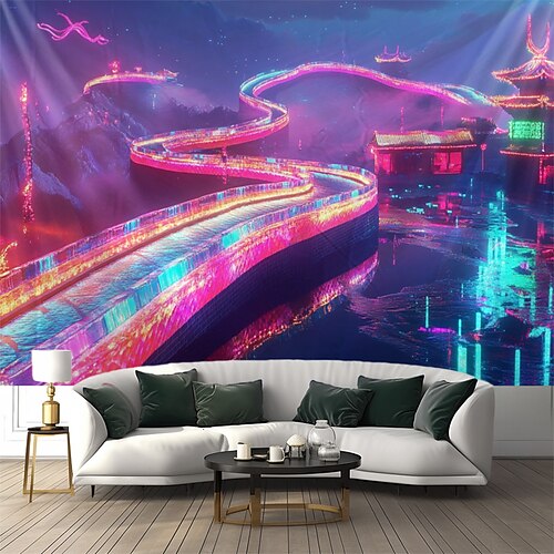 Schwarzlicht Wandteppich Leuchtet im Dunkeln Glow Party UV Reaktive Böhmische Totem Phönix Trippy Nebelige Natur Landschaft Hängender Wandteppich Wandkunst Wandgemälde für Wohnzimmer Schlafzimmer Image