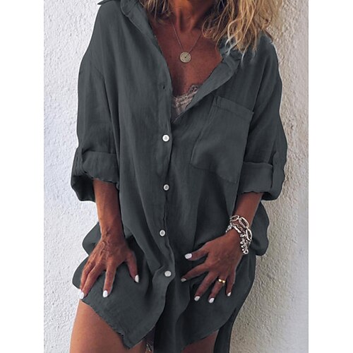 Damen Mini Kleid Hemdkleid Lässig Kleid Basics Lässig Urlaub Alltag Reguläre Passform Uni Leinenähnlich Langarm Shirtkragen Schwarz Hellgrün Pink Blau Sommer Image