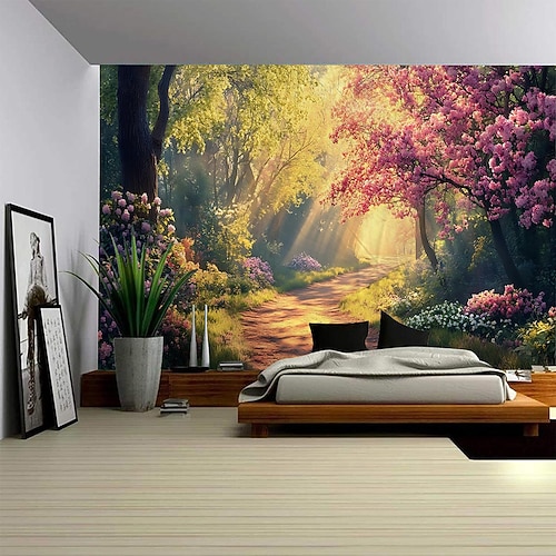 Ein Wald Pflanze Blume Schmetterling Pfad Landschaft hängenden Wandteppich Wandbild Kunst große Wandteppich Wandbild Dekoration Foto Hintergrund Teppich Vorhang Haus Schlafzimmer Wohnzimmer Dekoration Image