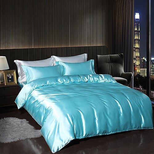 4 Teile Satin-Seiden-Bettwäsche-Set mit Spannbettlaken Bettbezug-Sets Sommer einfarbige Deckenbezüge mit 2 Kissenbezügen Image