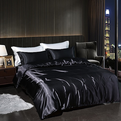 4 Teile Satin-Seiden-Bettwäsche-Set mit Spannbettlaken Bettbezug-Sets Sommer einfarbige Deckenbezüge mit 2 Kissenbezügen Image