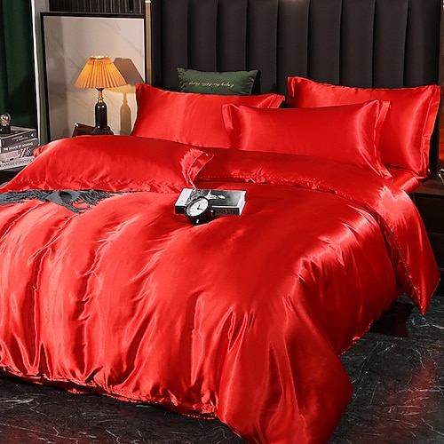 4 Teile Satin-Seiden-Bettwäsche-Set mit Spannbettlaken Bettbezug-Sets Sommer einfarbige Deckenbezüge mit 2 Kissenbezügen Image