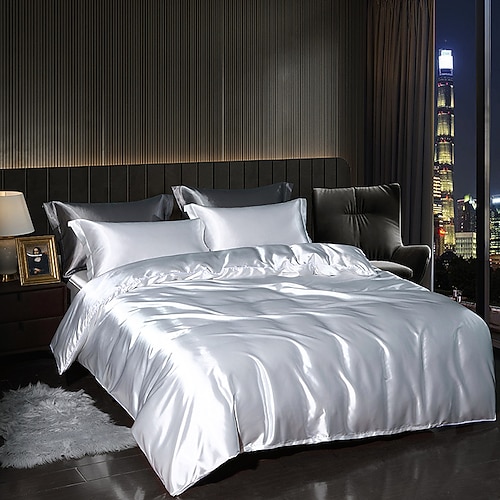 4 Teile Satin-Seiden-Bettwäsche-Set mit Spannbettlaken Bettbezug-Sets Sommer einfarbige Deckenbezüge mit 2 Kissenbezügen Image