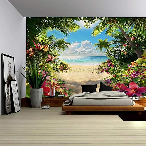 Eine Pflanzenlandschaft am Meer, Wandteppich zum Aufhängen, Wandbild, Kunst, großer Wandteppich, Wanddekoration, Fotohintergrund, Teppich, Vorhang, Zuhause, Schlafzimmer, Wohnzimmer, Dekoration Image