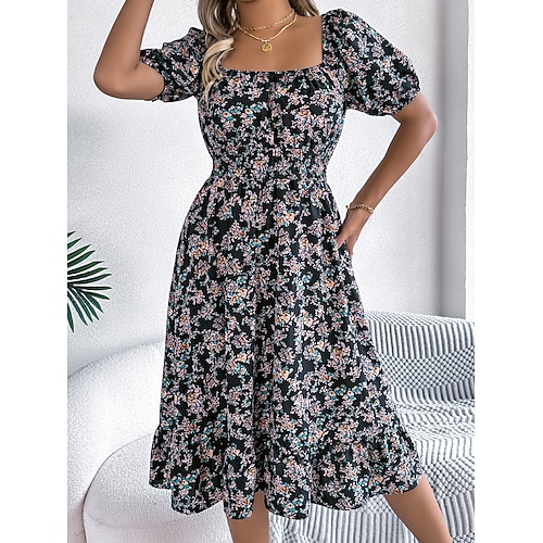 Damen Midikleid A Linie Kleid Milchmädchen-Kleid Midi-Kleid Smock-Kleid Bohemien Niedlich Stilvoll Puffärmel Lässig Heim Urlaub Formpassend Blumen Kurzarm Quadrathals Blau Schwarz Weiß Gelb Sommer Image