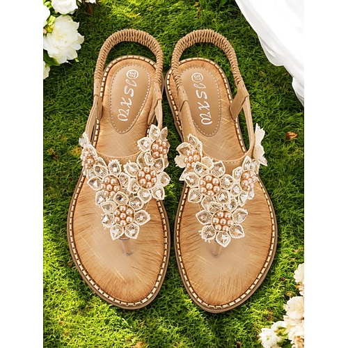 Boho-Brautsandalen für Damen mit floralem Perlenmuster – bequeme Slipper für Hochzeiten im Freien, am Strand und im Garten Image