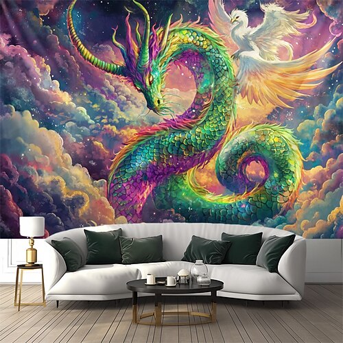 Schwarzlicht Wandteppich Leuchtet im Dunkeln Glow Party UV Reaktive Drachen Phönix Trippy Nebelige Galaxie Natur Landschaft Hängender Wandteppich Wandkunst Wandgemälde für Wohnzimmer Schlafzimmer Image