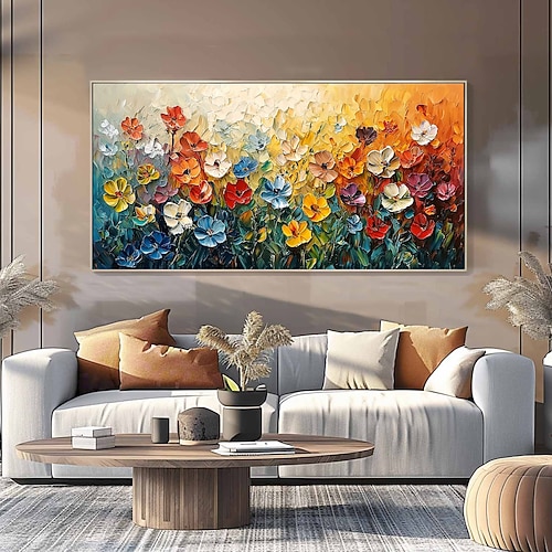 handgemachtes Original buntes Blumengemälde Ölgemälde auf Leinwand abstrakte florale Wandkunst für Wohndekoration mit gespanntem Rahmen/ohne Innenrahmen Gemälde Image