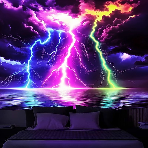 Schwarzlicht Wandteppich Leuchten im Dunkeln Glow Party UV reaktive trippy neblige Blitze Natur Landschaft hängendes Wandteppich Wandkunst Wandmalerei für Wohnzimmer Schlafzimmer Image