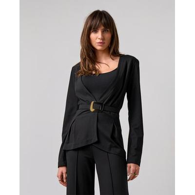 Boston Proper - Black - Sleek Ponte Drape Hardware Belted Jacket - Medium