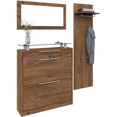 Garderoben-Set BORCHARDT MÖBEL "Oliva", braun (vintage eichefarben), Kastenmöbel-Sets, (3-tlg), mit stehendem Schuhschrank, Paneel und Spiegel Image