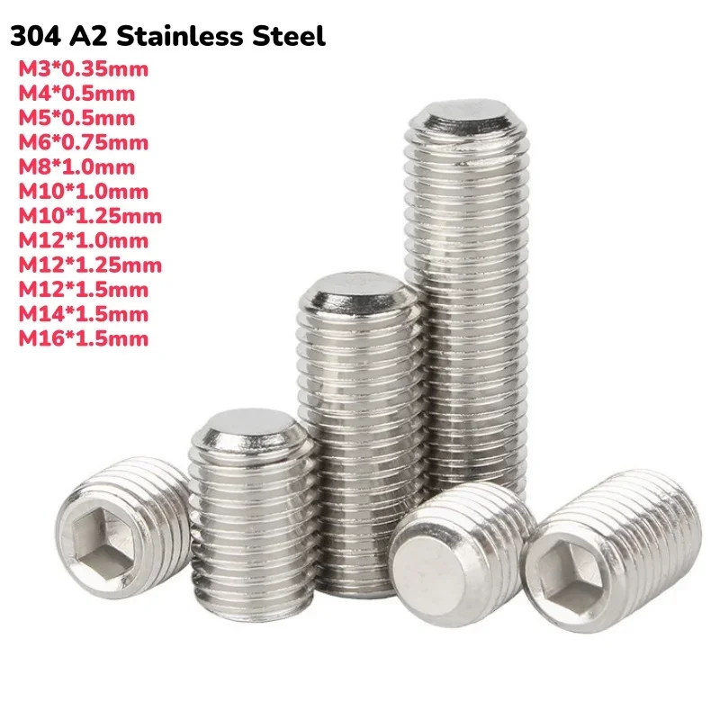 Feingewindengewinde-Gewindeschraube M3 M4 M5 M6 M8 M10 M12 M14 M16 304 A2 Edelstahl Flachspitze Stellschraube Ende Madenschraube ohne Kopf DIN913 Image