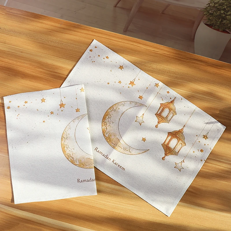 Eid Mubarak Ramadan Linen Table Mat Moon Star Print Islamic Tableware Decor For Home Iftar Party Family Gathering Mosque Supply Image