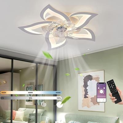 TEMU Led Fan With Lighting, 50 W Bedroom Ceiling Light With Remote Control And App, Dimmable Lamp With Fan 5 Lights Flower Shape Acrylic Lampshade Living Room Kitchen, 69cm Image