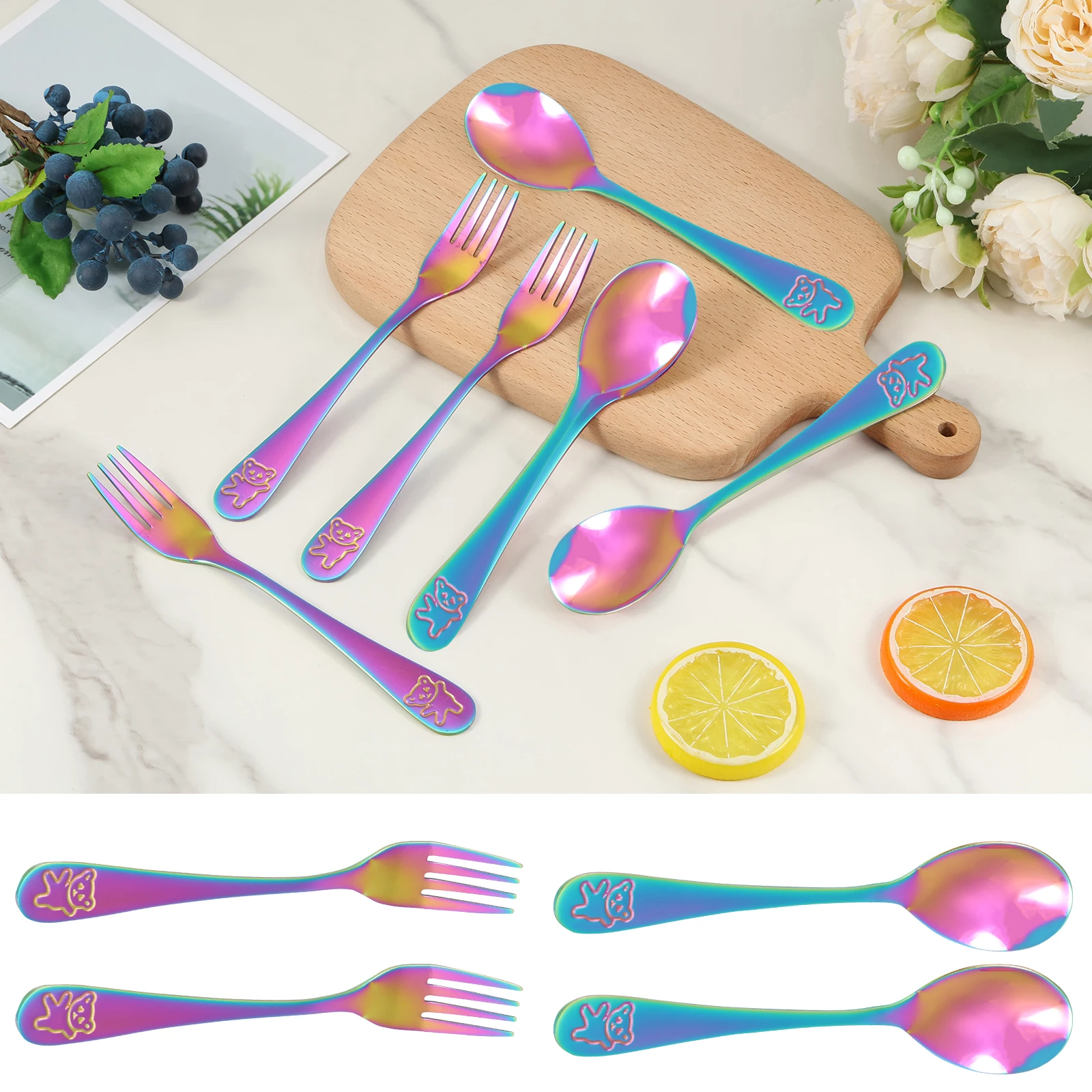 10/9pc Gabel löffel Kits Edelstahl Kinder Besteck Set niedlichen Bären bedrucktes Geschirr für Kinder nach Hause außerhalb Reise Fütterung Image