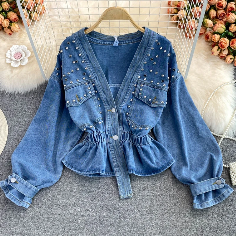 Cappotto di jeans Donna Y2k Top Cappotti Jeans Scollo a V Top corto Casual Vita alta monopetto Camicetta elegante Splice Autunno Primavera
