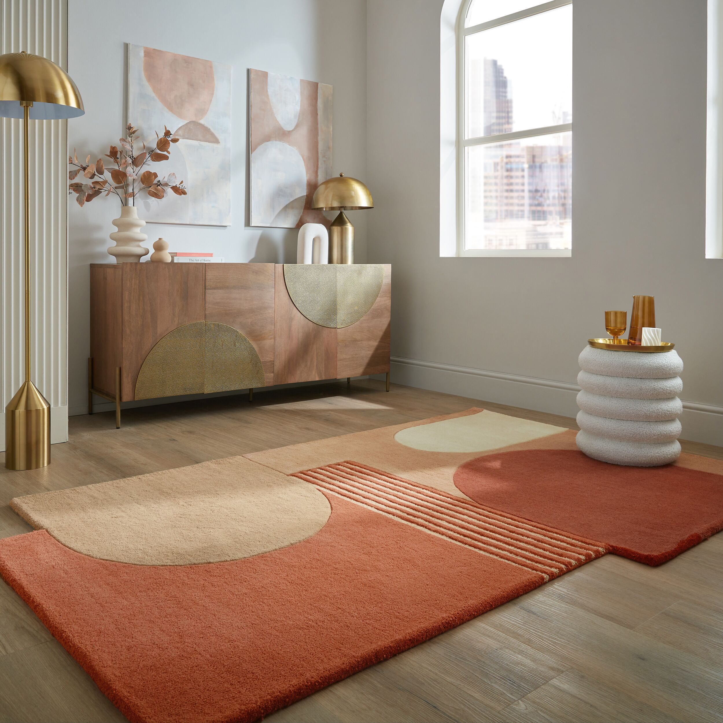 Wollteppich FLAIR RUGS "Lozenge mit abstraktem Retro-Design", orange (terracotta), B:120cm H:10mm L:180cm, Wolle, Teppiche, Kurzflor, Retro Muster Image