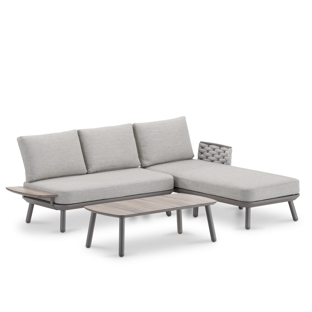 Salon de jardin 3 places avec chaise longue en corde taupe et beige