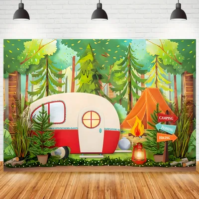 Polyester Camping Theme Photo Background - Jungle Adventure RV and Tent Scene - Suitable for Party