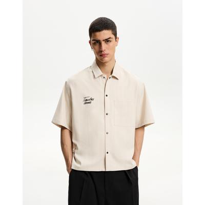 Bershka Embroidered Short Sleeve Shirt Men M Sand