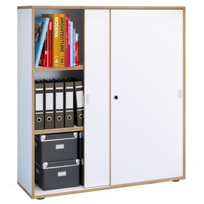 Aktenschrank VCM "VCM Büroschrank mit 3 Fächern moderner Aktenschrank mit Schiebetüren Maße ca. H. 110 x B. 100 x T. 37 cm¿ Salia 3-Fach" Gr. 100, weiß, B:100cm H:110cm T:37cm, Obermaterial: 100% Holz Wood., Schränke Image