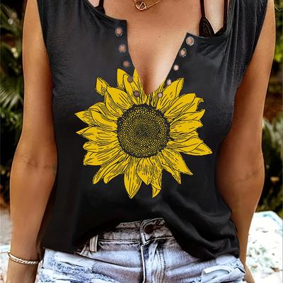 TEMU Women's Floral Sunflower Print V-neck Camisole Top, Casual Knit Fabric Vest With Button Detail, Polyester 60%, Rayon 35%, Spandex 5%, Fashion