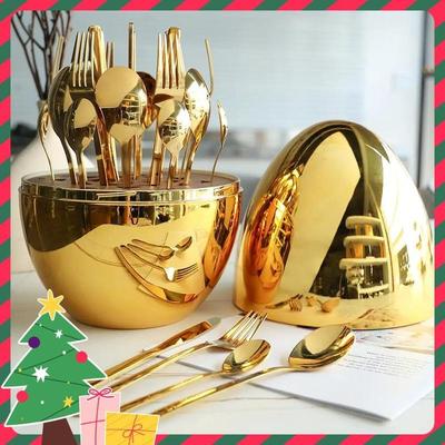 TEMU Household Tableware Set.24pcs Stainless Steel Cutlery & 1 Count Egg-shaped Holder For Home Use, Kitchen Gadgets.kitchen Accessories, Kitchen Organizer, Stockingfillers Gift