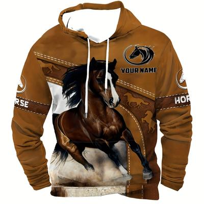 TEMU Unisex Horse Print Hoodie Sweatshirt - Casual Polyester Knit Fabric With 3d Printed Cartoon , Regular Fit, Hooded Sports Sweatshirt For Men And Women Image