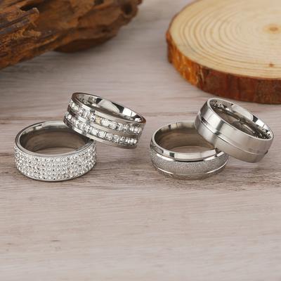 TEMU 4-piece Set Of Durable, Color-fast Men's Rings - Perfect For Gifting - Hip-hop Style With Water Crystal Inlays And Stainless Steel Construction Image